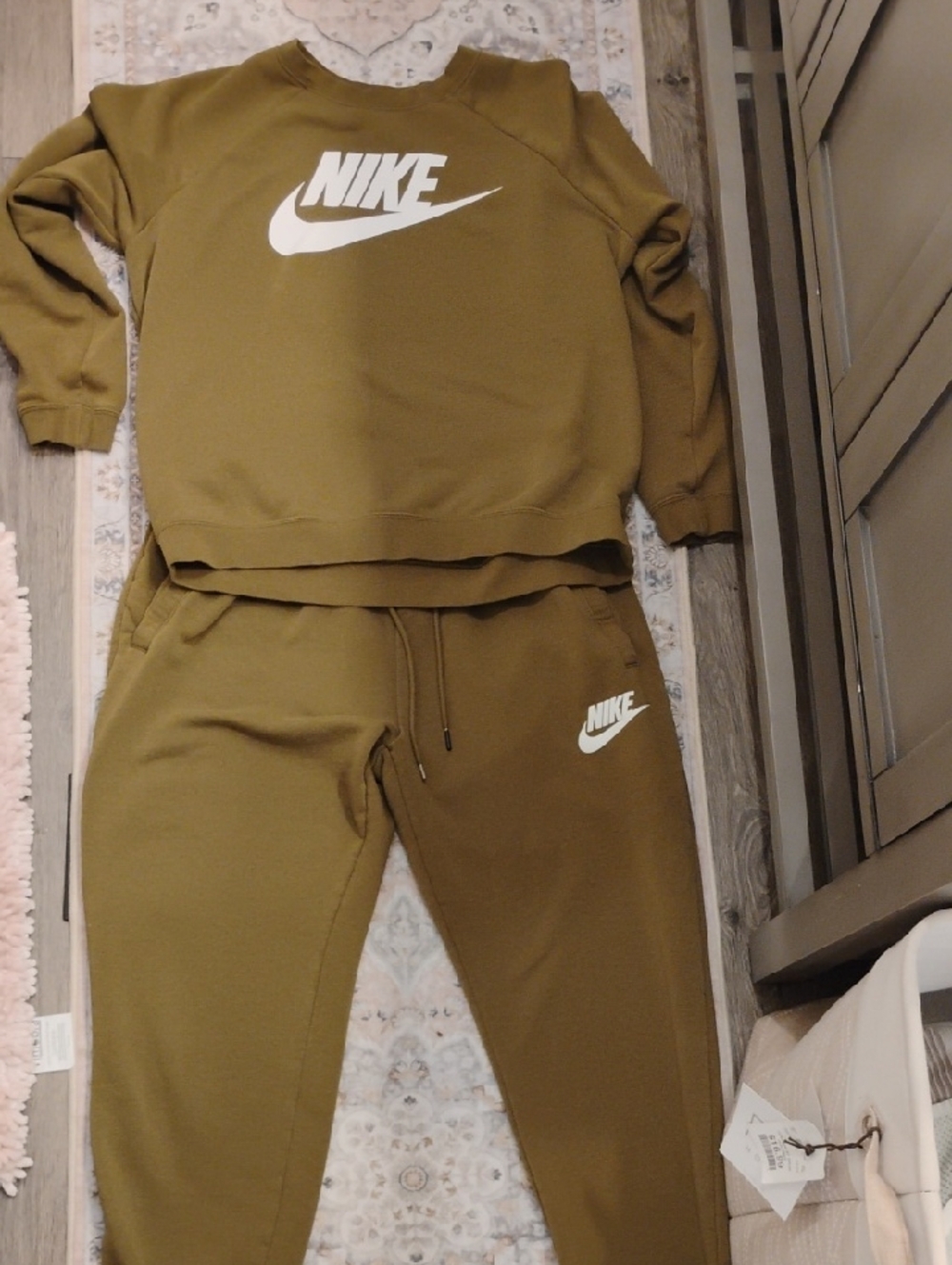 Nike Olive-Toned Crewneck Sweatshirt and Joggers Set with White Swoosh